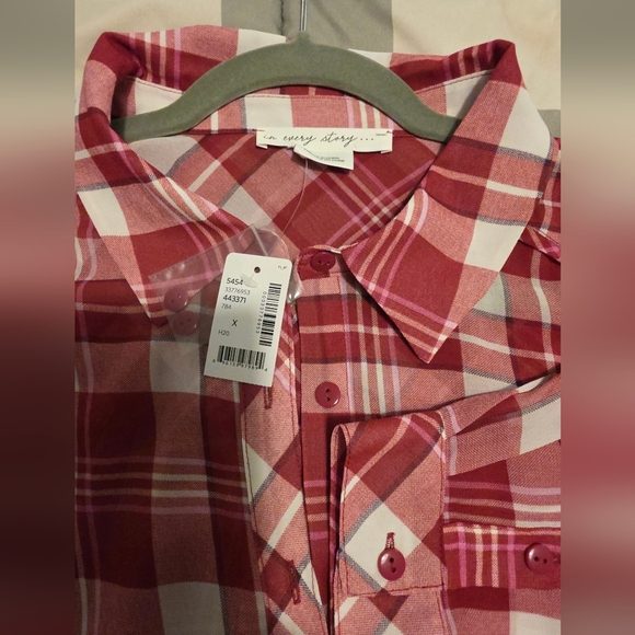 Plus Size X Penningtons Pink and White Plaid Semi Sheer Shirt - Picture 8 of 9